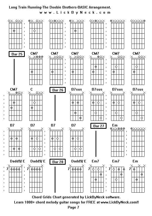 Chord Grids Chart of chord melody fingerstyle guitar song-Long Train Running-The Doobie Brothers-BASIC Arrangement,generated by LickByNeck software.